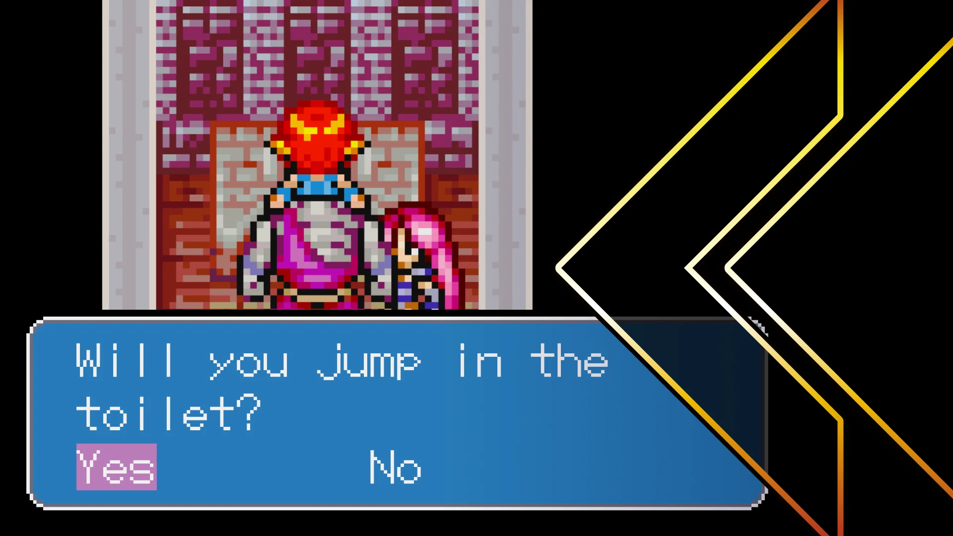 Retro Encounter Final Thoughts screenshot of Breath of Fire II characters being asked to leap into a toilet.