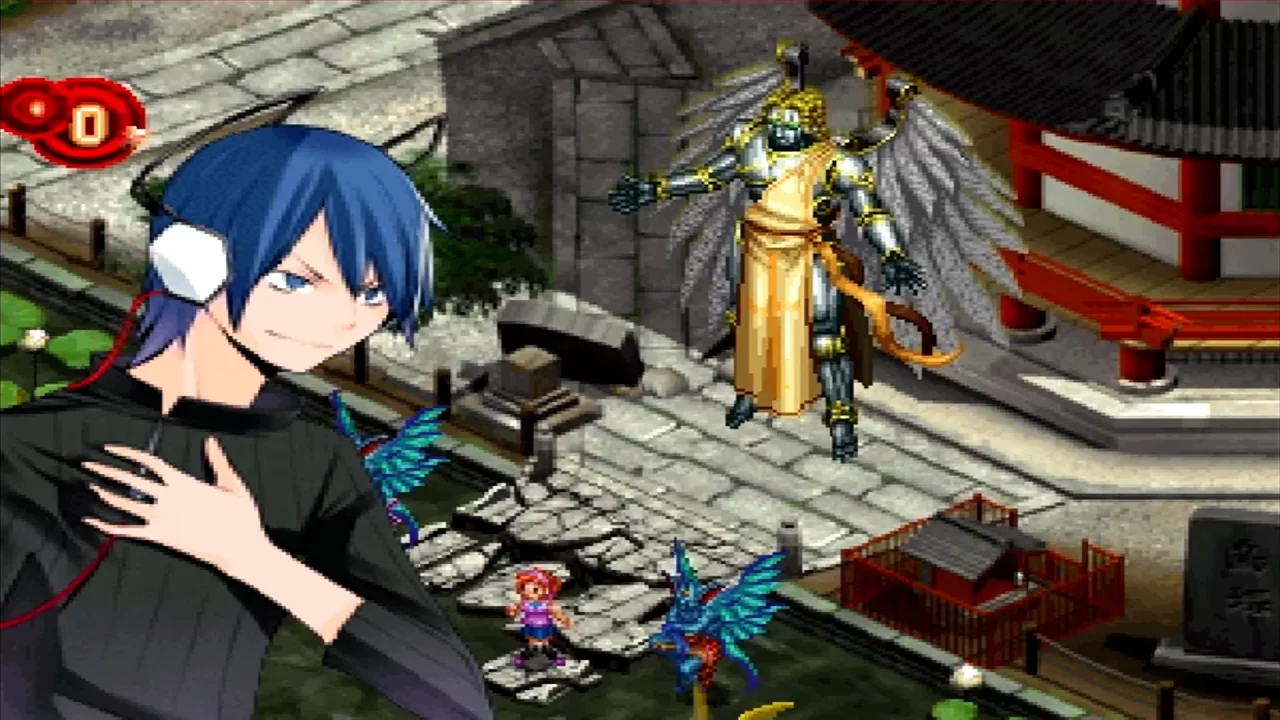 Screenshot of a boss battle at Bentendo Temple from Devil Survivor Overclocked.