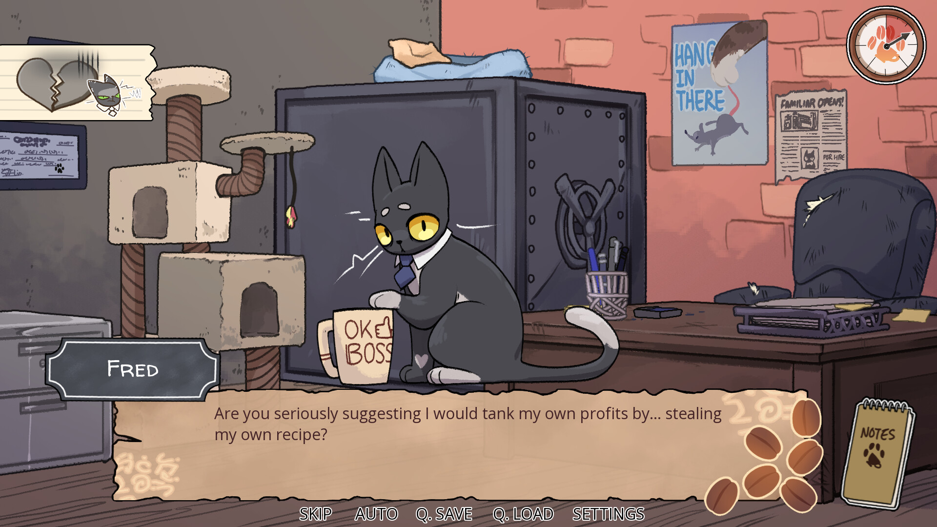 Spill the Beans screenshot - a Tuxedo cat wearing a tie, in an office. There is a desk, a cat tree, and a big safe in the background.