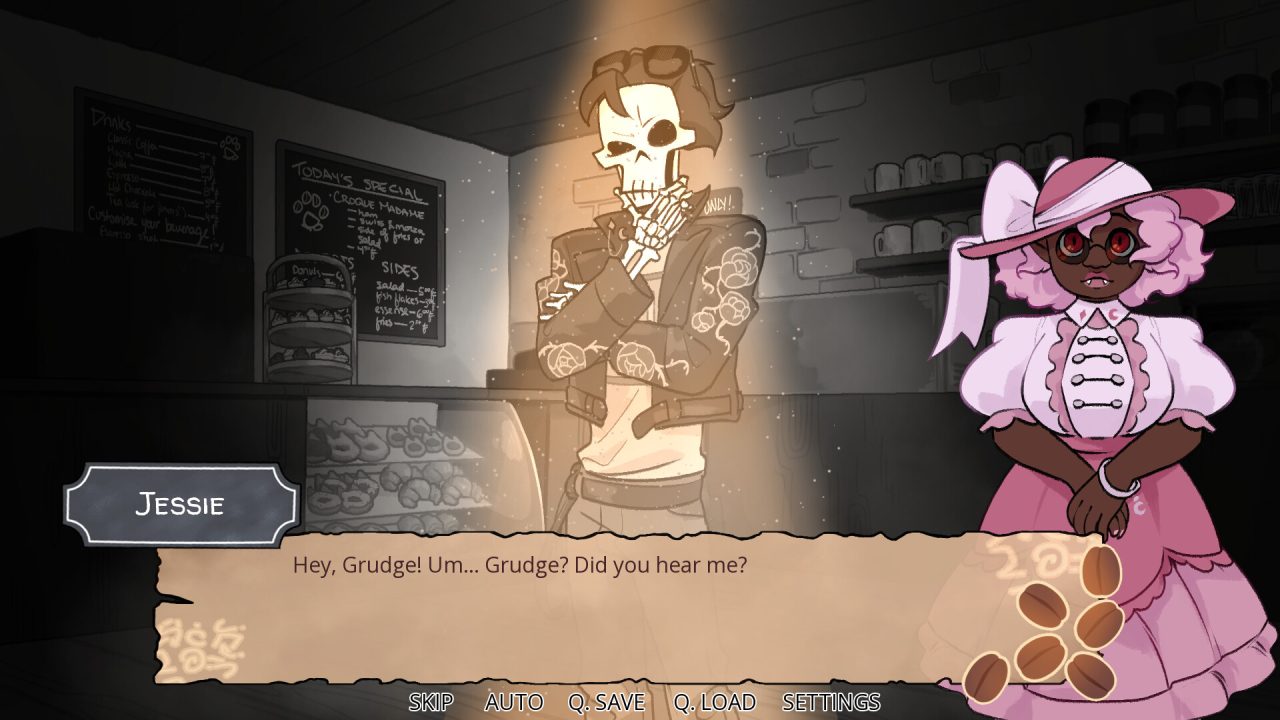Spill the Beans screenshot - Dialogue scene featuring a vampire in a pink frilly outfit and a skeleton in a leather jacket.
