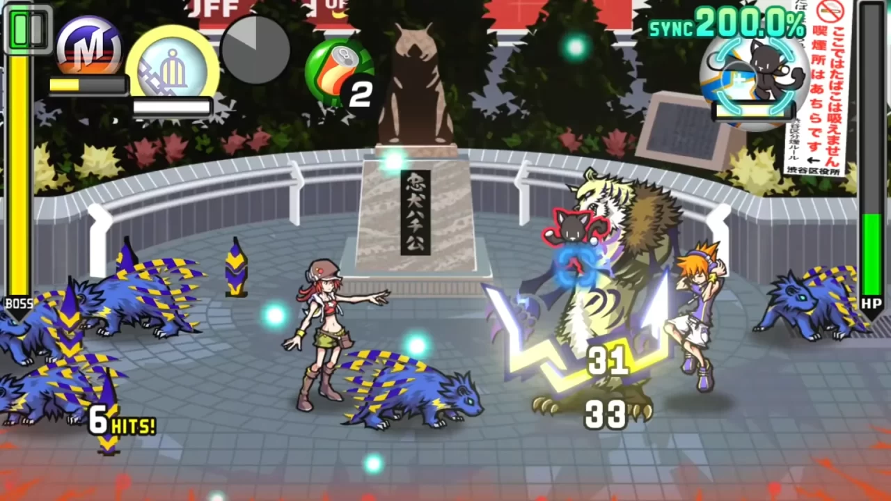Screenshot of a battle in front of HachikĆ's statue in The World Ends With You.