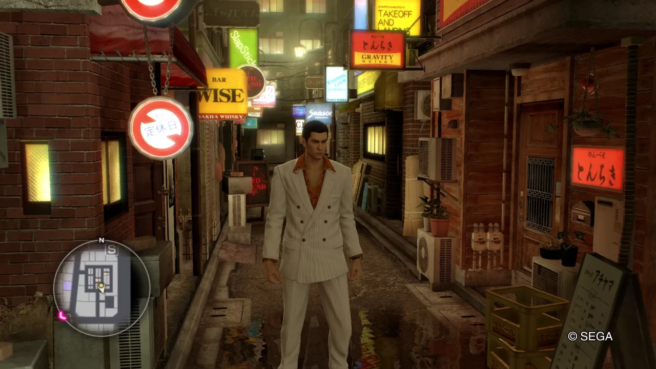 Screenshot of Kazuma Kiryu standing in the 'Champion District' of KamurochĆ in Yakuza 0.