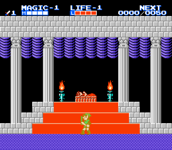 Zelda II screenshot of Link standing at the base of the steps where Princess Zelda is sleeping.