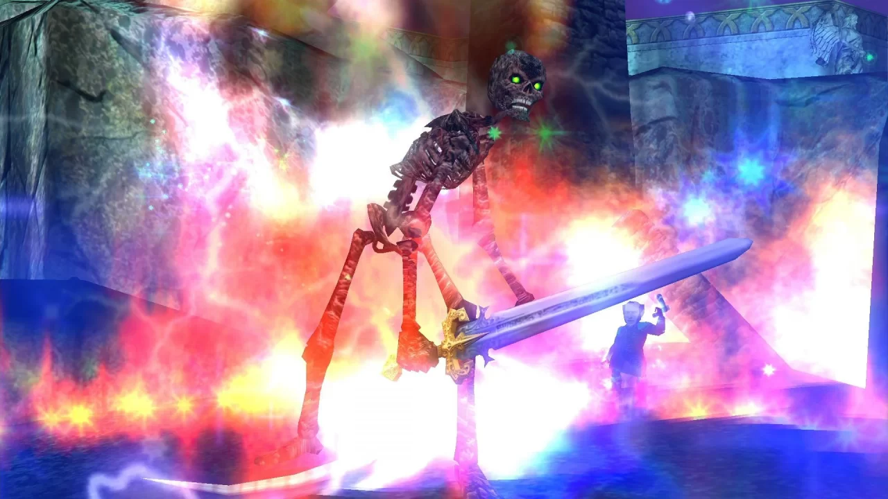 EverQuest screenshot of a skeleton with glowing green eyes wielding a sword surrounded by magical energy.