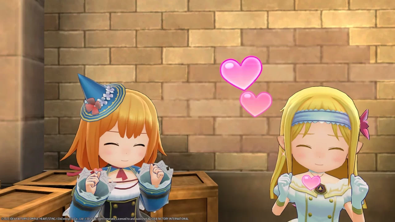 Mado Monogatari Fia and the Wondrous Academy Screenshot -- Fia and Eska smiling, heart bubbles floating next to Eska.
