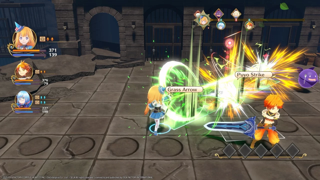 Mado Monogatari Fia and the Wondrous Academy Screenshot showcasing combat, with a character executing a Grass Arrow attack.