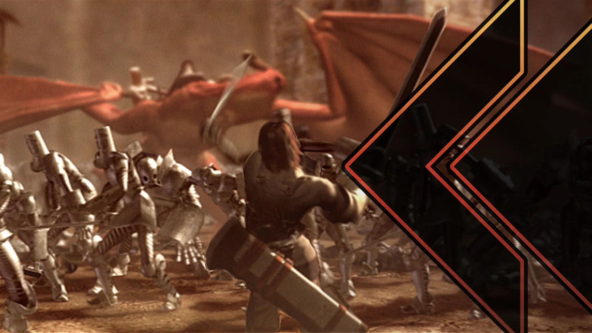 Retro Encounter 467 Drakengard screenshot of Caim and his dragon fighting an army