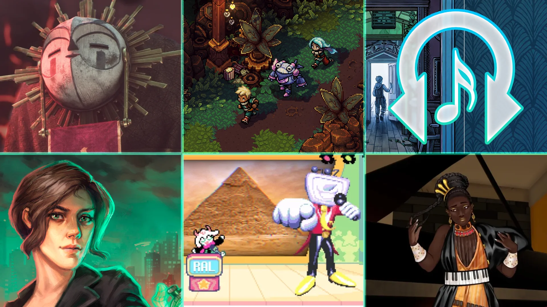 Rhythm Encounter 163 Spring 2025 Music Grid with art from Clair Obscur, Blue Prince, Deltarune, Old Skies, Sea of Stars, and Date Everything