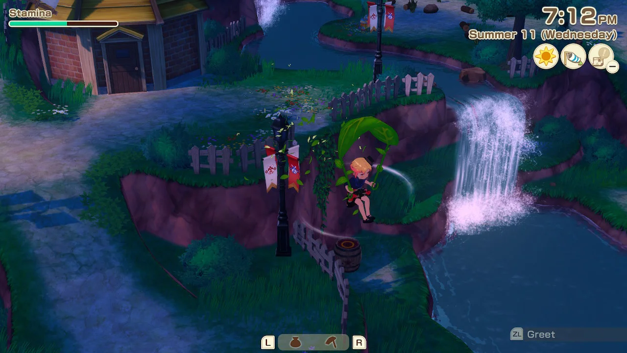 A Story of Seasons: Grand Bazaar screenshot of the player using the glider to fly southeast through Zephyr Town.