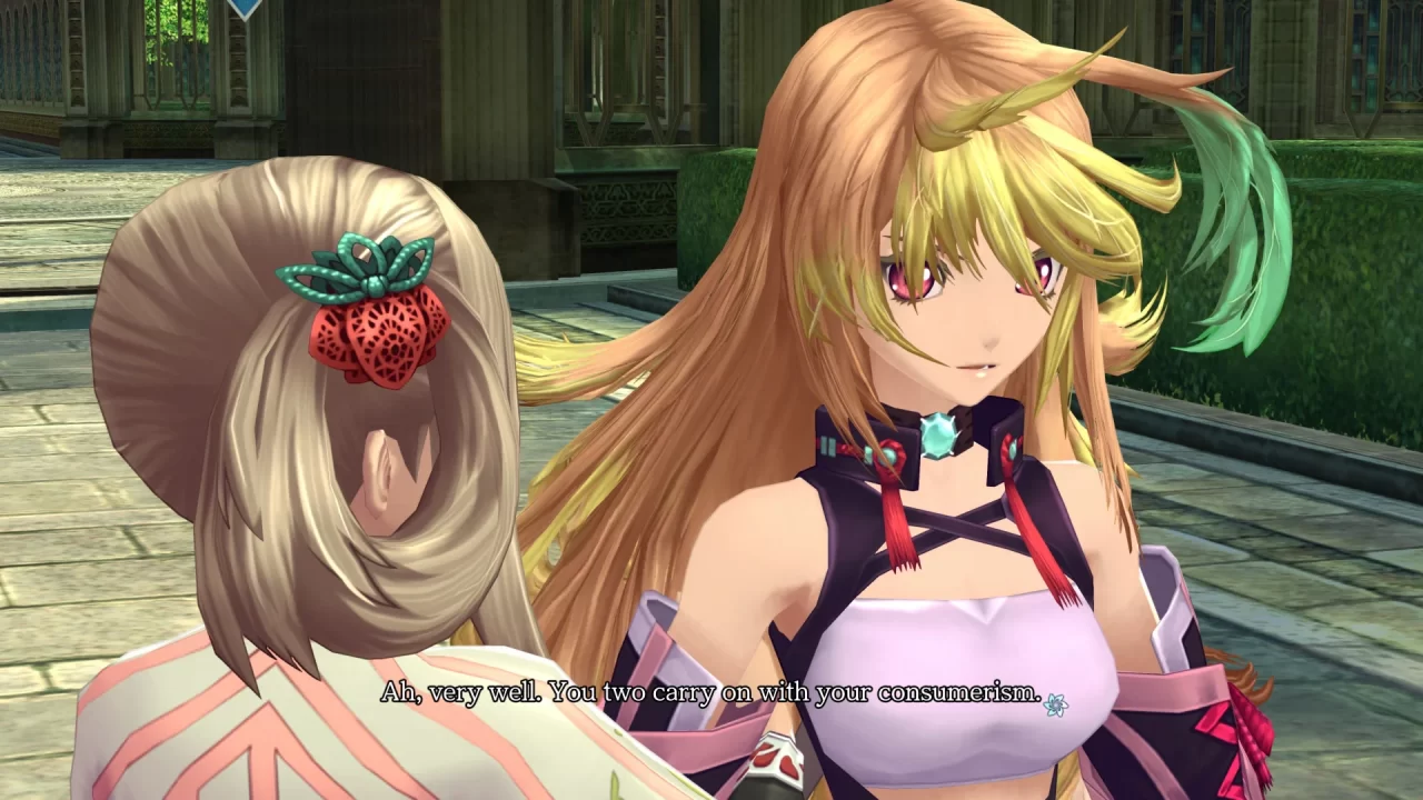 A Tales of Xillia Remastered screenshot of Milla about to be dragged away by other characters. Her dialogue reads, "Ah, very well. You two carry on with your consumerism."