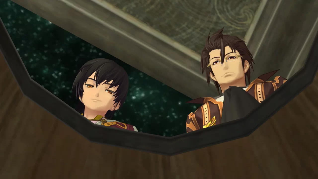 A Tales of Xillia Remastered screenshot of Jude and Alvin looking into a barrel. Alvin appears neutral while Jude appears smug.
