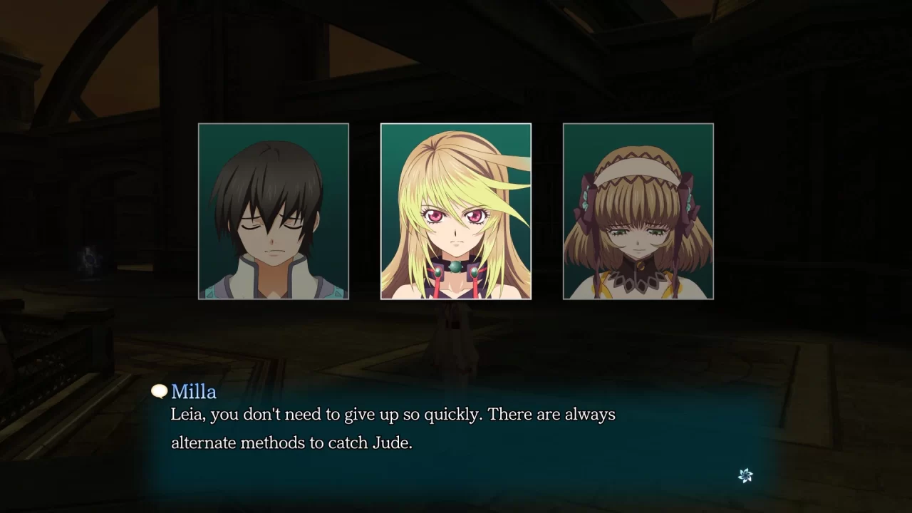 A Tales of Xillia Remastered screenshot of a skit between Jude, Milla, and Leia. Milla's text box reads, "Leia, you don't need to give up so quickly. There are always alternate methods to catch Jude."