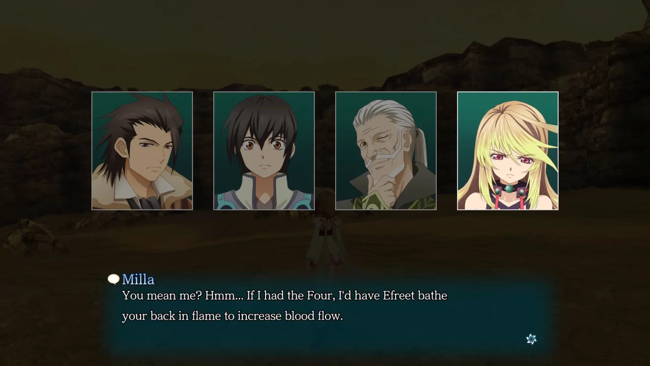 A Tales of Xillia Remastered screenshot of a skit between Alvin, Jude, Rowen, and Milla. Milla's text box reads, "You mean me? Hmm... If i had the Four, I'd have Efreet bathe your back in flame to increase blood flow."