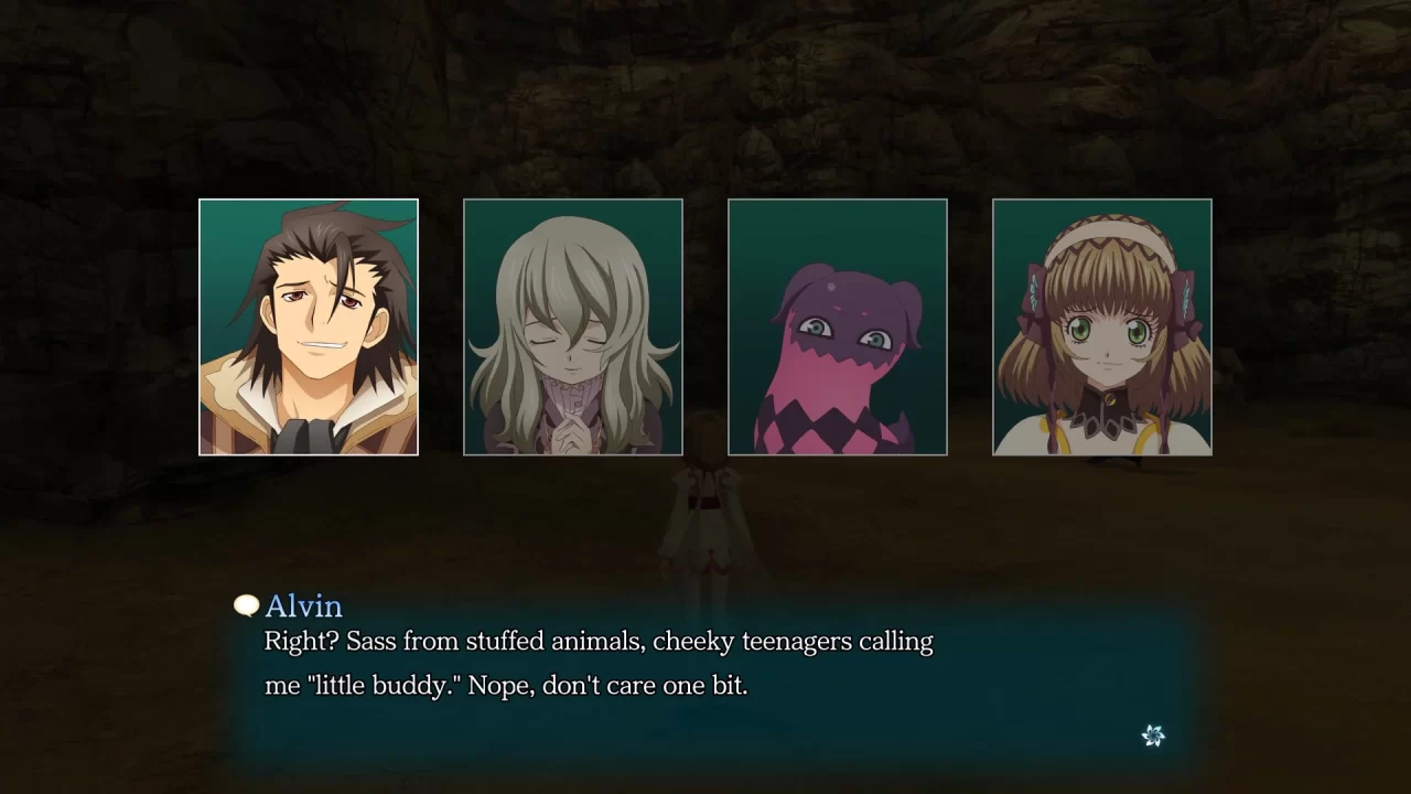 A Tales of Xillia Remastered screenshot of a skit between Alvin, Elize, Teepo, and Leia. Alvin's text box reads, "Right? Sass from stuffed animals, cheeky teenagers calling me 'little buddy.' Nope, don't care one bit."