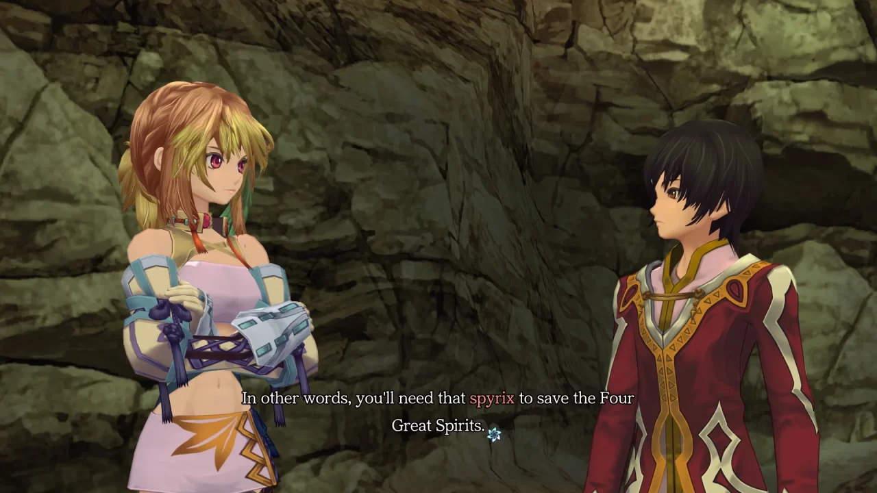 A Tales of Xillia Remastered screenshot of Milla and Jude speaking to each other. The dialogue reads, 'In other words, you'll need that spyrix to save the Four Great Spirits.'