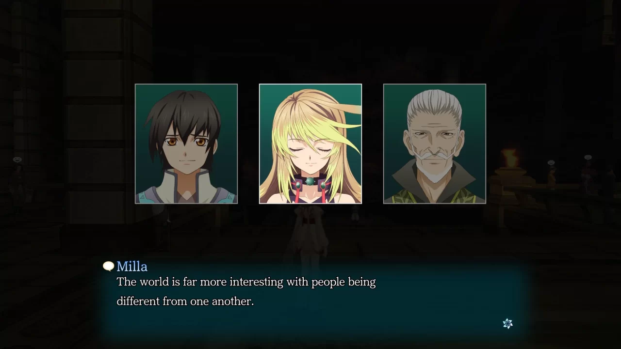 A Tales of Xillia Remastered screenshot of a skit between Jude, Milla, and Rowen. Milla's text box reads, "The world is far more interesting with people being different from one another."