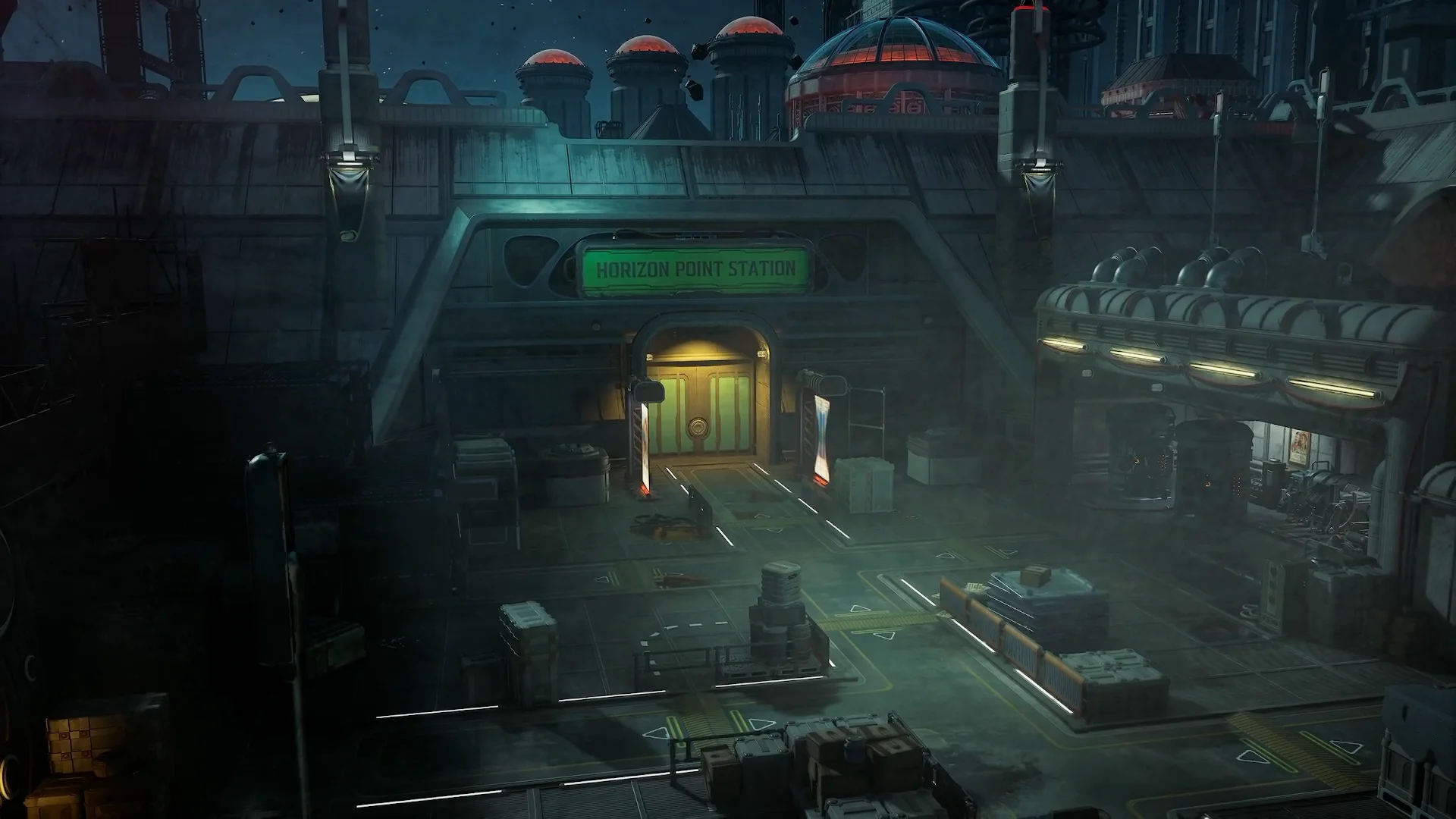 Looking towards the entryway of Horizon Point Station in The Outer Worlds 2