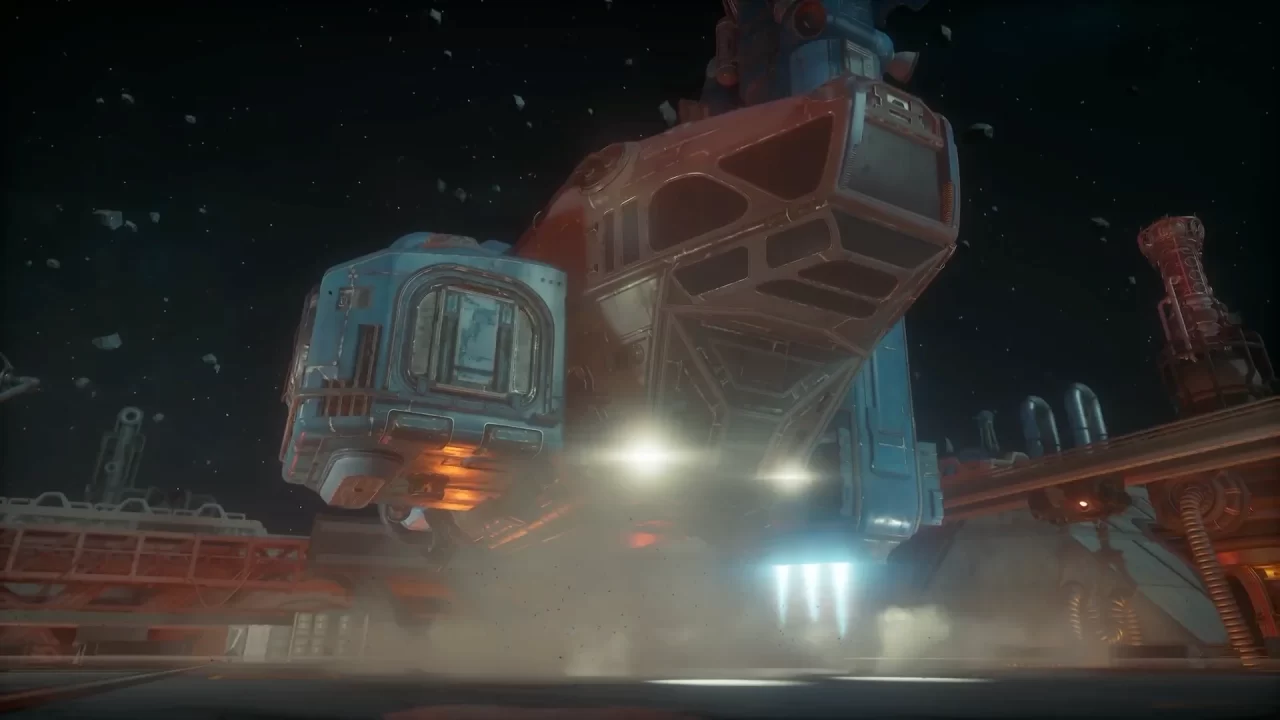A spaceship landing on a dock.