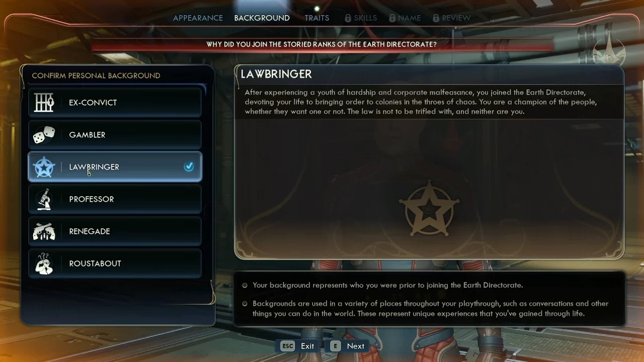 Character background selection in The Outer Worlds 2.