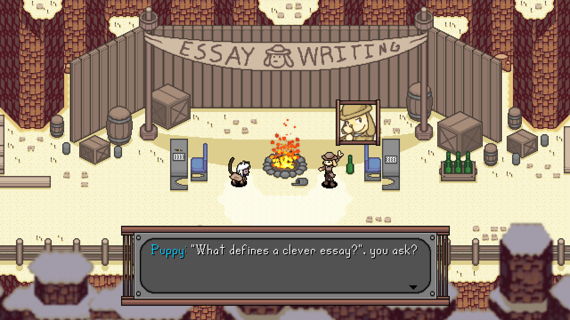 The Twelve Slot Saloon screenshot - A cat in a cape talks to a dog in a trenchcoat, by a wooden fence with a sign that says "Essay Writing".