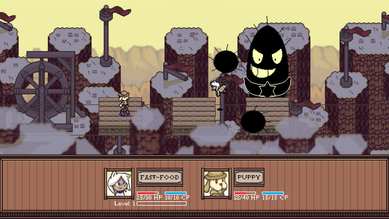 The Twelve Slot Saloon screenshot - A battle scene featuring two animal characters fighting an oblong shadow creature against a backdrop of cliffs and wooden platforms.