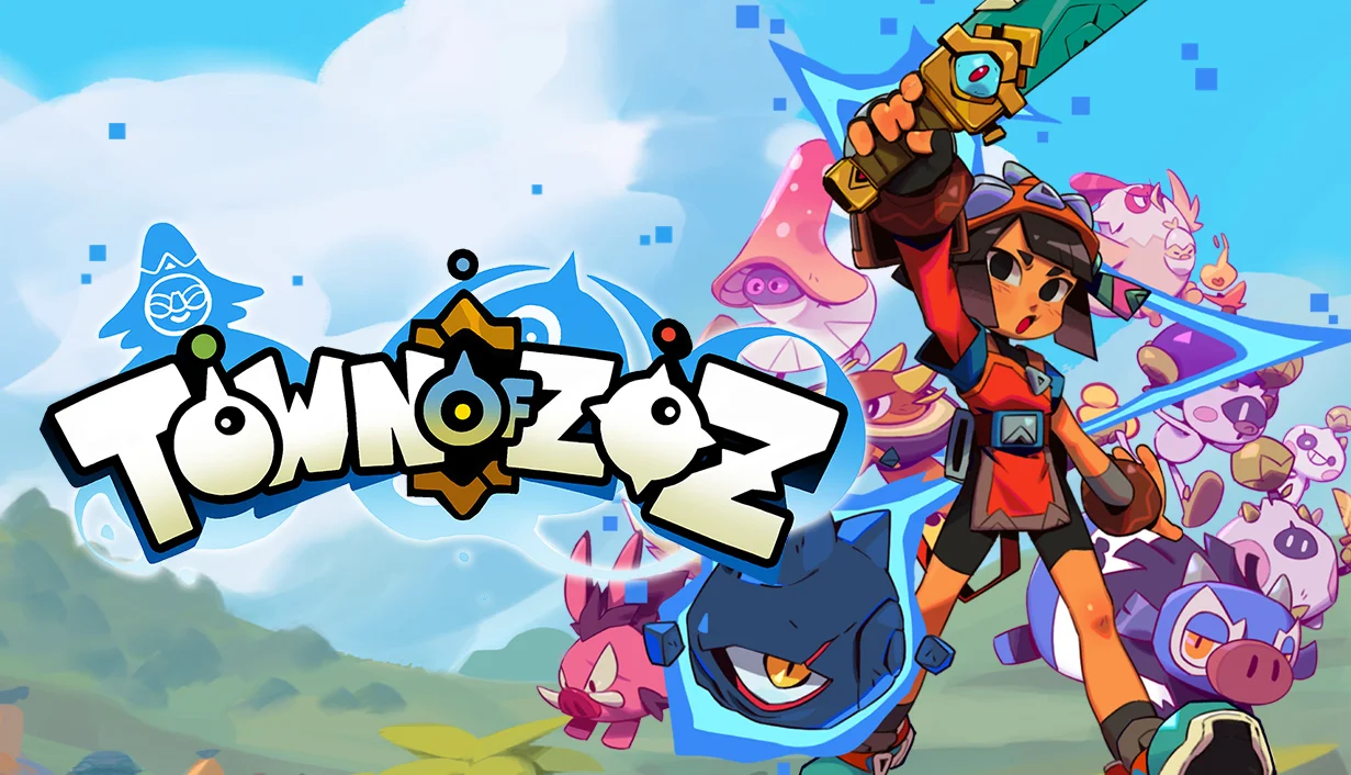 Town of Zoz logo with colorful cartoon monsters in the background, and the main character on the right raising a glowing sword.