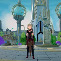 An armored woman stands in a city with both classical stone and futuristic elements.