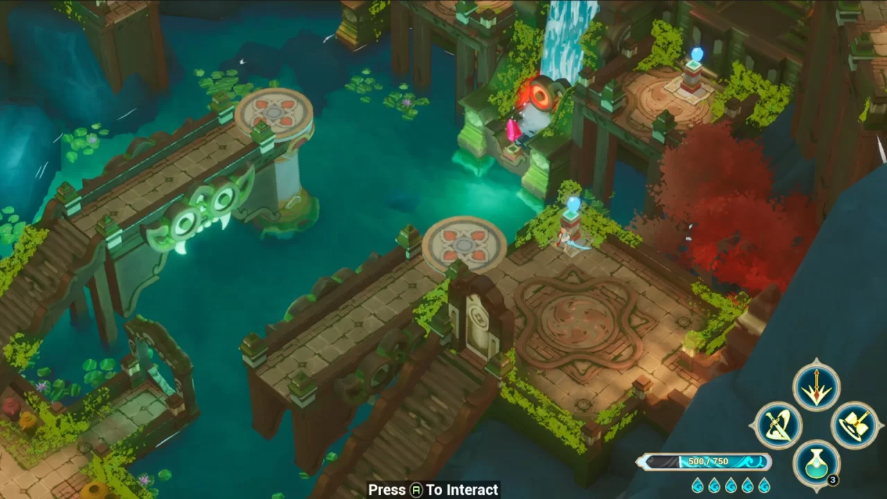 Top-down isometric view of a water filled temple in Blades of Mirage