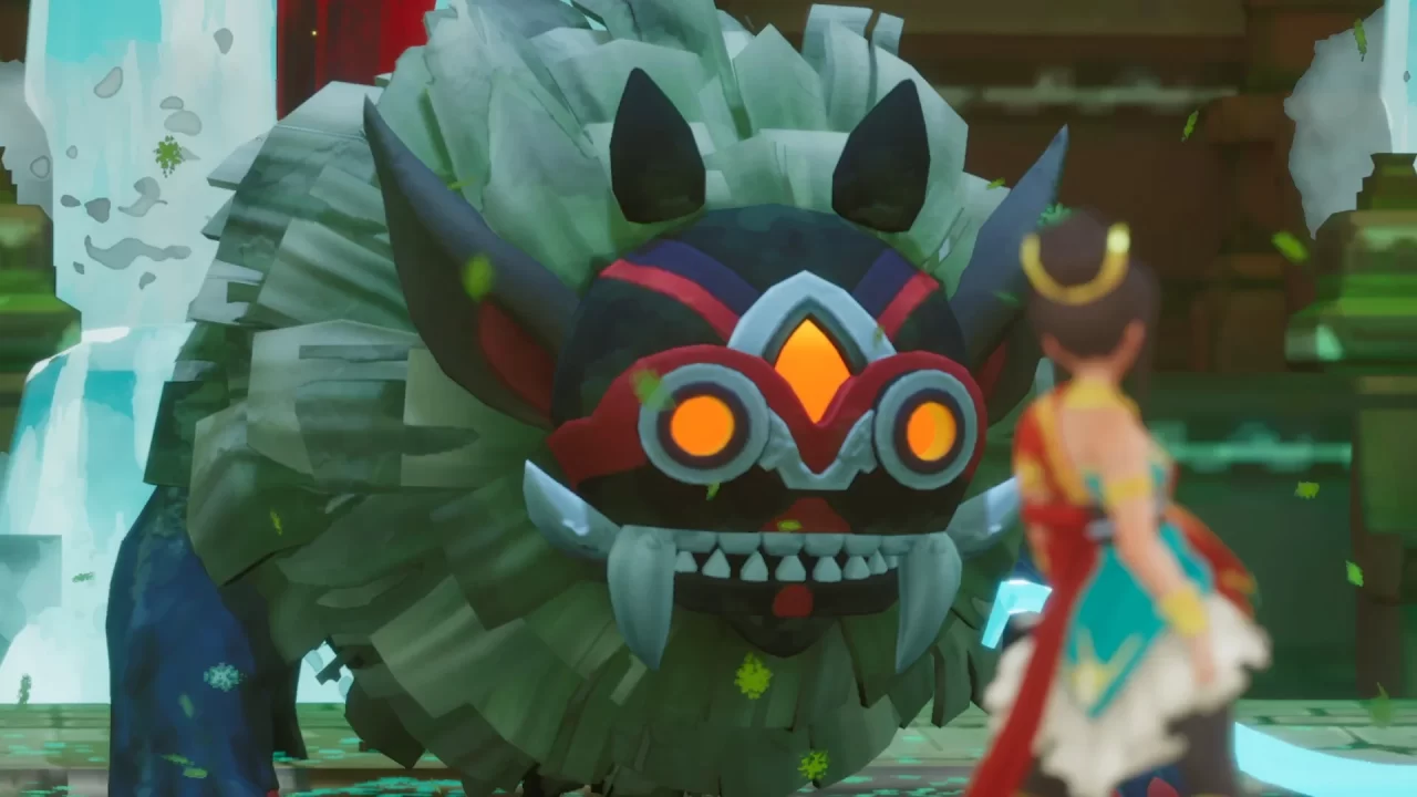 Facing off against a huge furry masked beast in Blades of Mirage