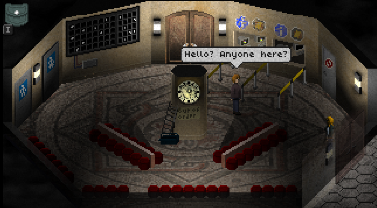 Amelia explores the interior of the train station scene in Deep Sleep: Labyrinth of the Forsaken.