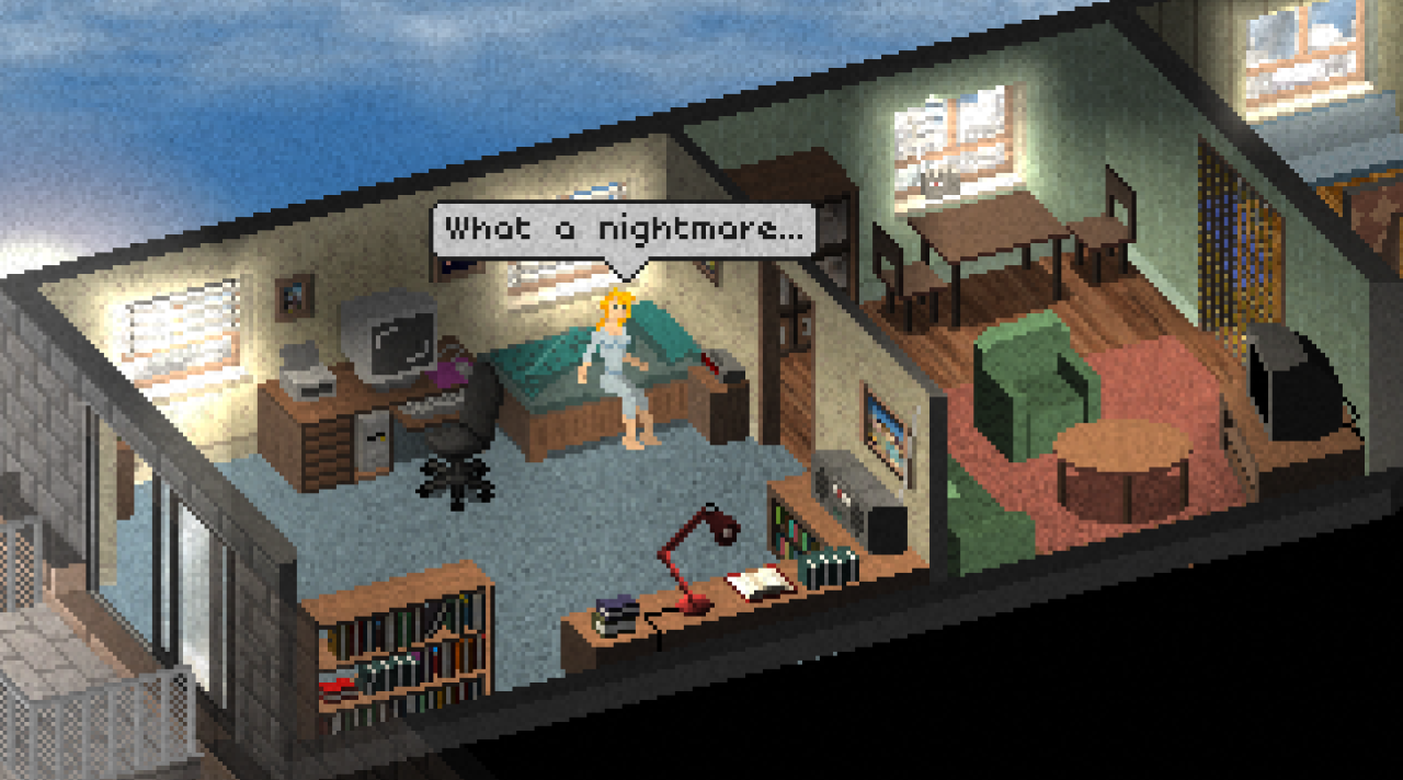 Amy wakes up from a dream in an apartment where she can upgrade her abilities.