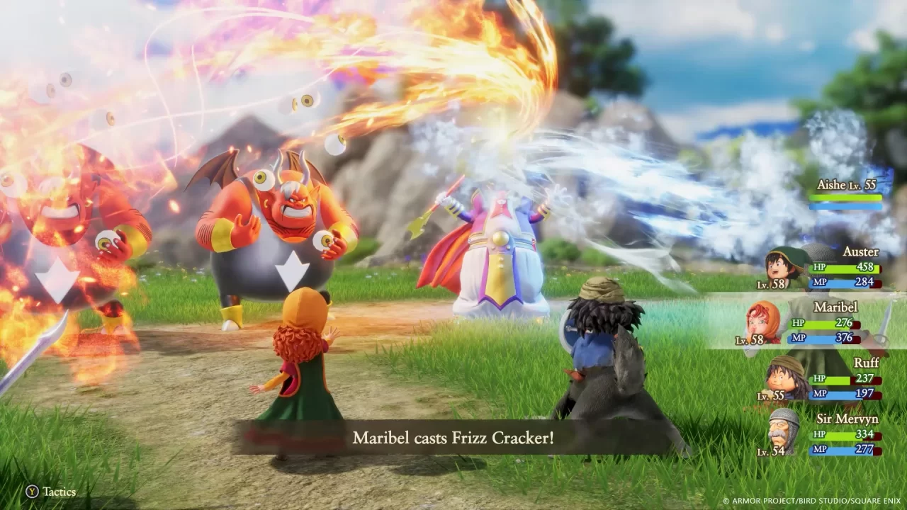 A screenshot of Maribel casting a spell against multiple enemies in Dragon Quest VII Reimagined.