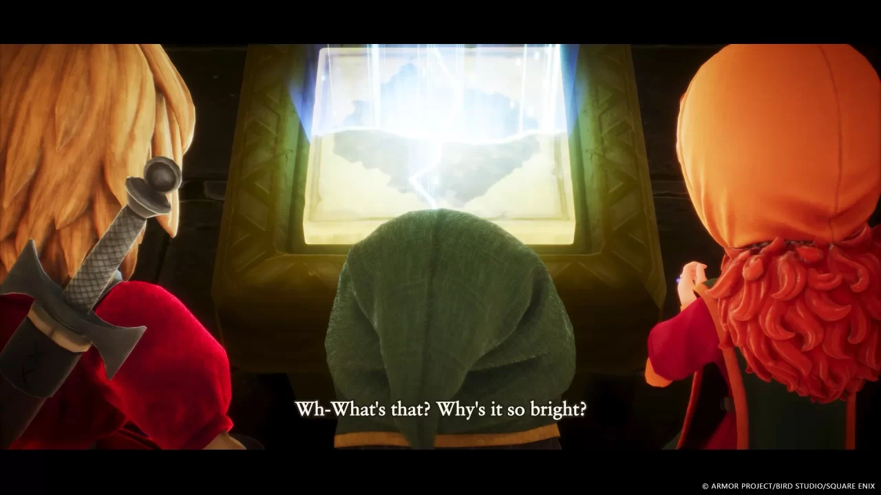 A screenshot of three characters standing over a shining stone in Dragon Quest VII Reimagined.