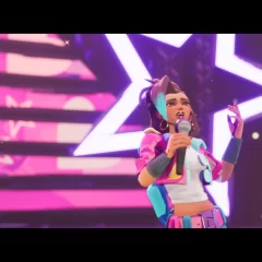 A screenshot of People of Note depicting protagonist Cadence singing in front of a shadowed stage, lit up by a purple neon star.