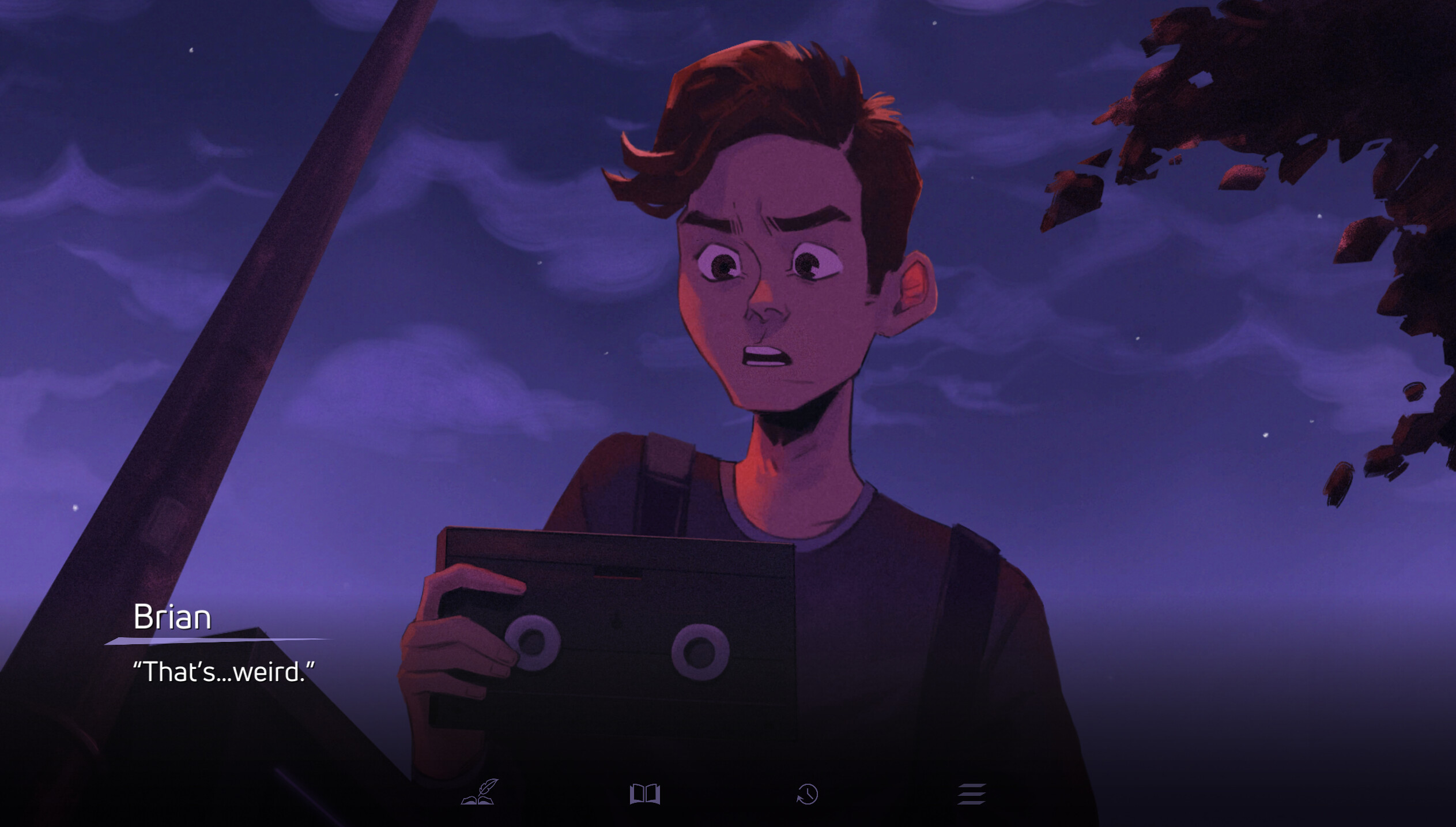 Pink Noise screenshot - A teenage boy looks at a VHS tape and says "That's...weird."