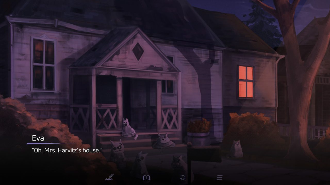 Pink Noise screenshot - A rundown house with several knitted cat dolls on the porch.