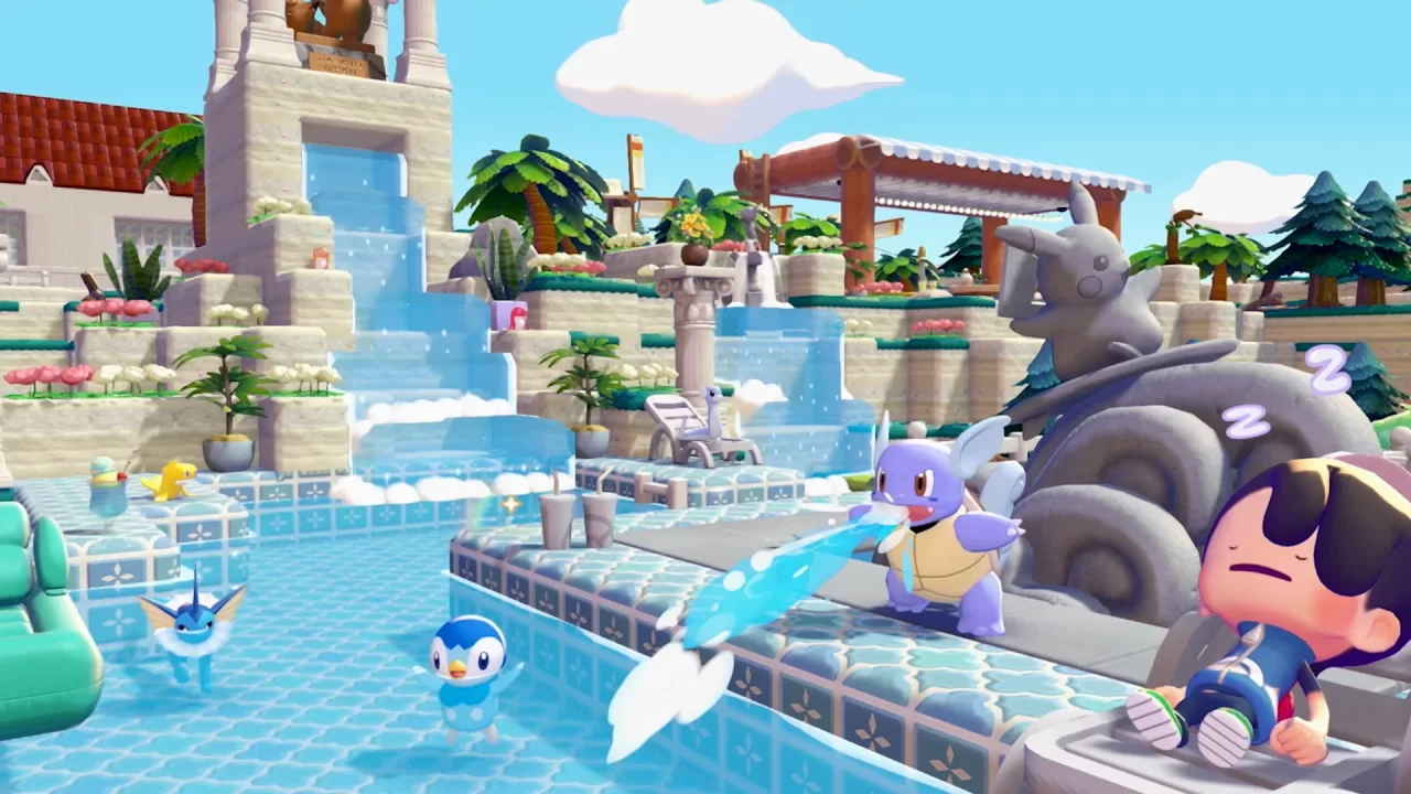 Water-type Pokémon around and in a swimming pool in Pokémon Pokopia.