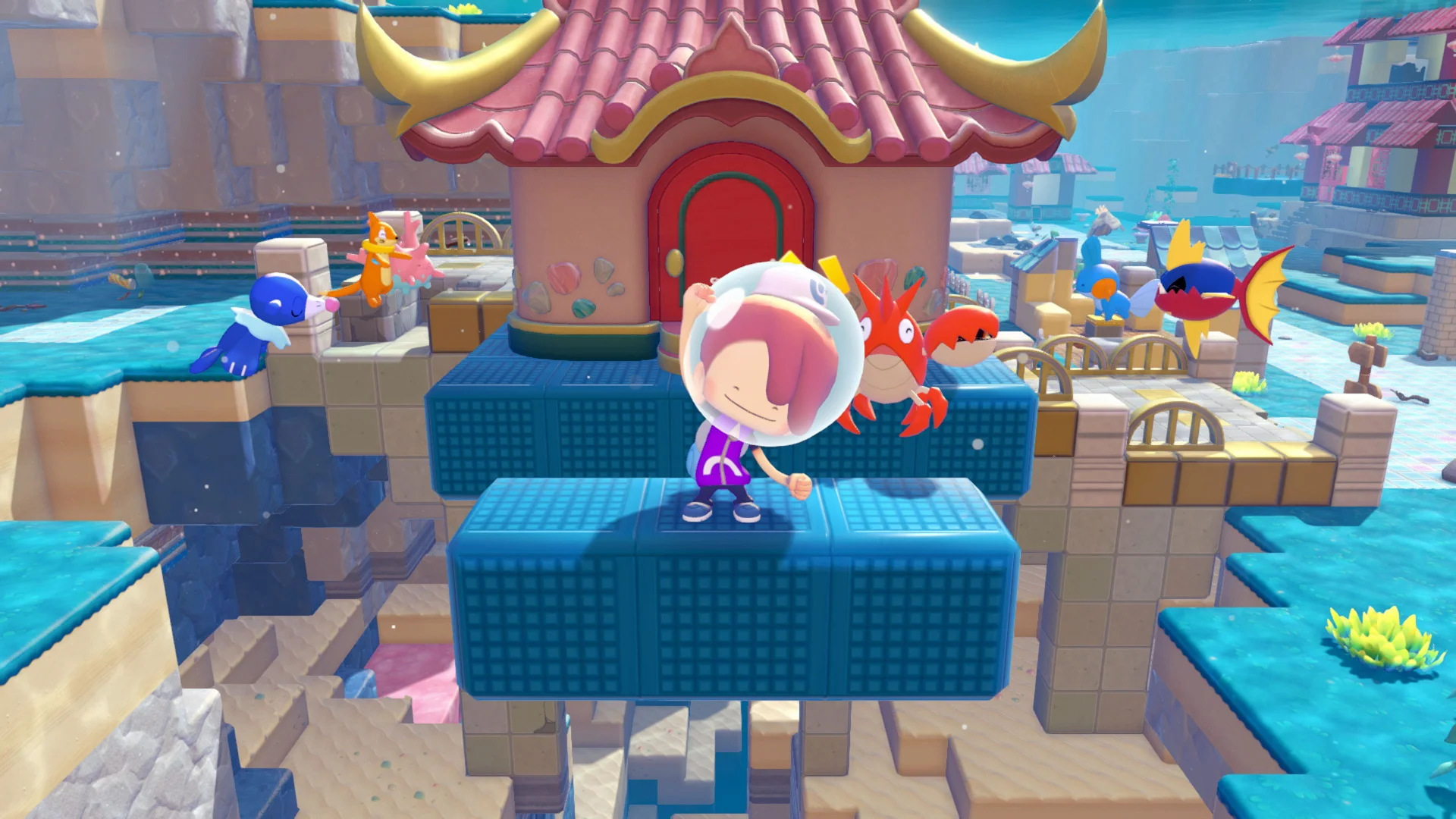 Pokemon Pokopia Bubbly Basin screenshot of Ditto cheering in front of a home floating under the water.
