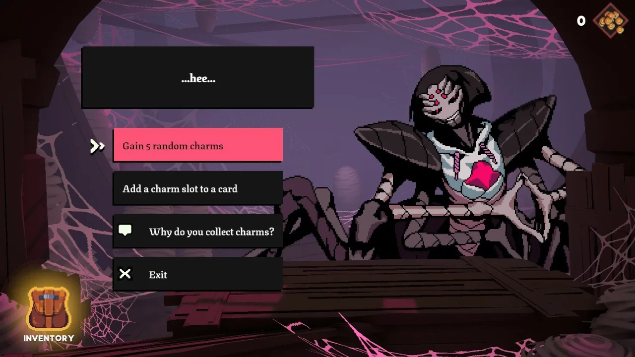 A spider-like non-player character in Shuffle Tactics offers some upgrades to the player.