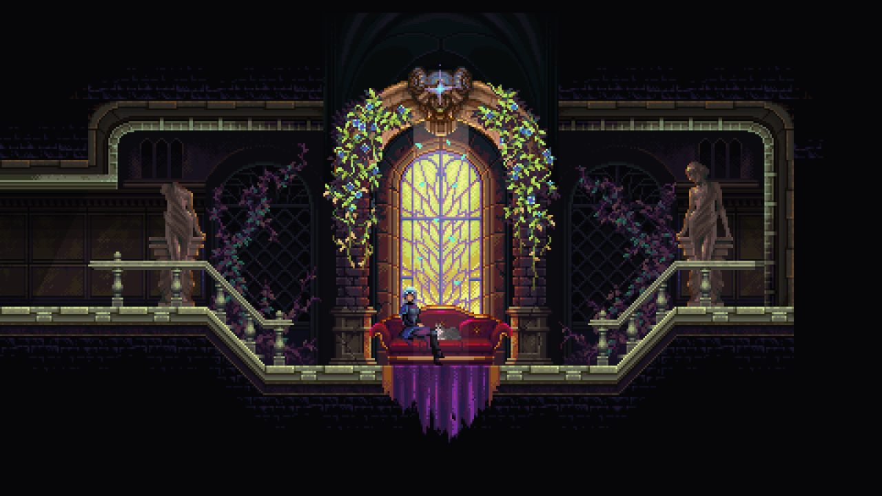 The white-haired protagonist sits with a cat on a luxurious sofa in a gothic hallway featuring ivy and stained glass in Silent Planet - Elegy of a Dying World