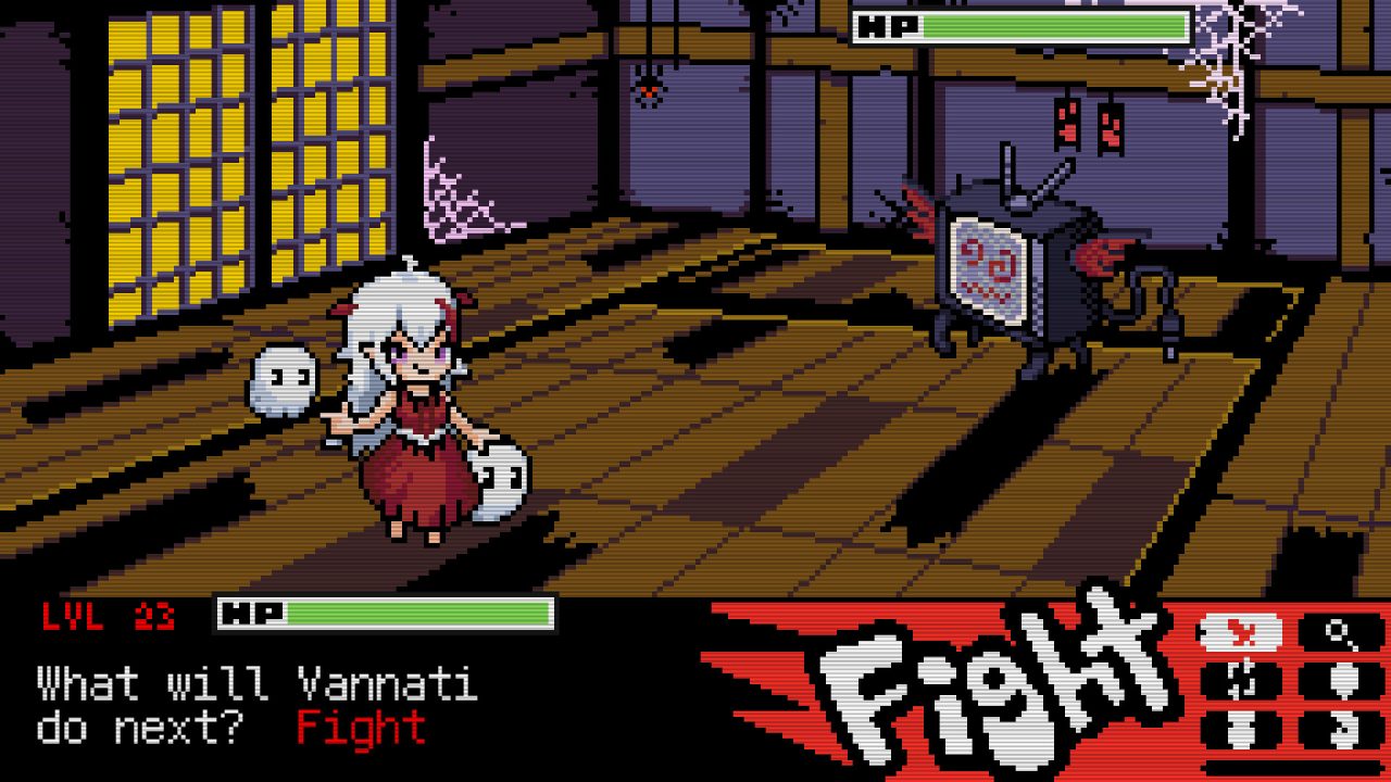 Yami Kids screenshot of a girl choosing actions in battle against a demonic retro TV with wings.