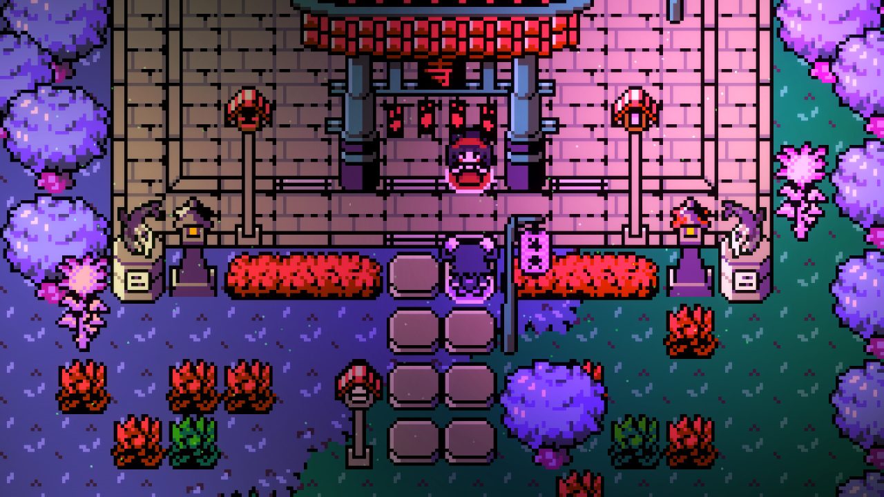 Yami Kids screenshot of characters standing at an Eastern-styled temple in the forest.