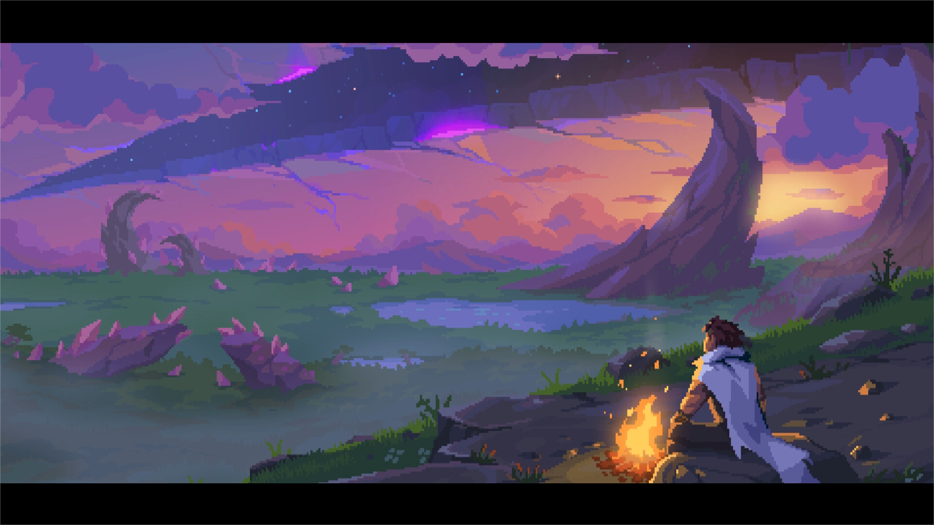 Fallen Fates screenshot - A man sits by a fire at dusk, looking towards a giant crack in the sky revealing the stars beyond.