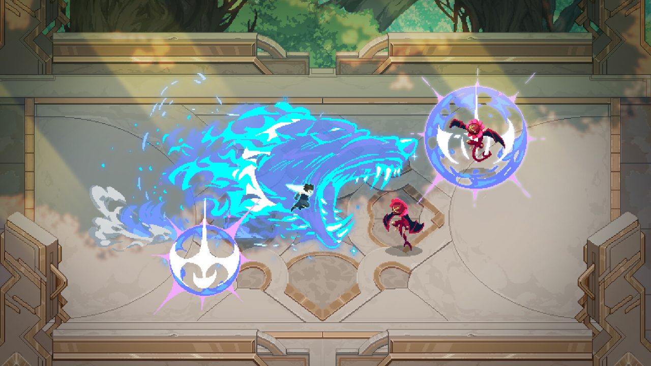 Fallen Fates screenshot - Battle scene with a giant ghostly wolf head about to bite a small monster.