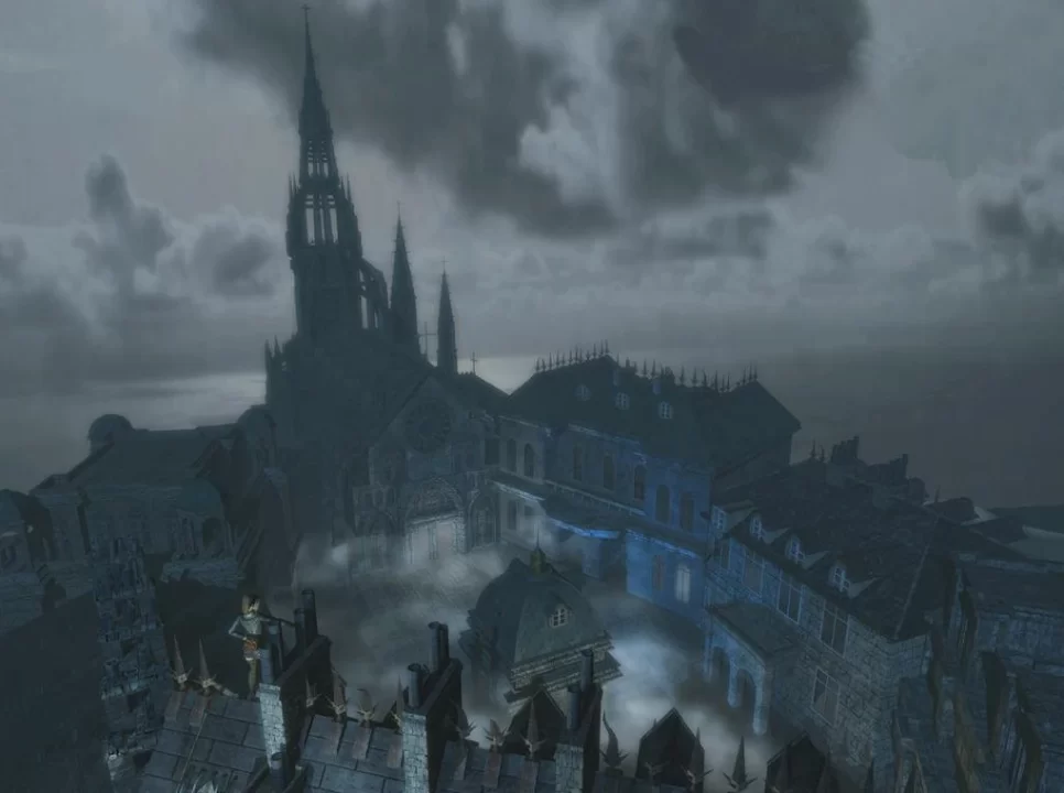 A screenshot of the outside of the Nemeton Monastery, a key location in Koudelka, the prequel to the Shadow Hearts series. The spire at the back is extremely tall and the ground is covered in fog-like smoke.