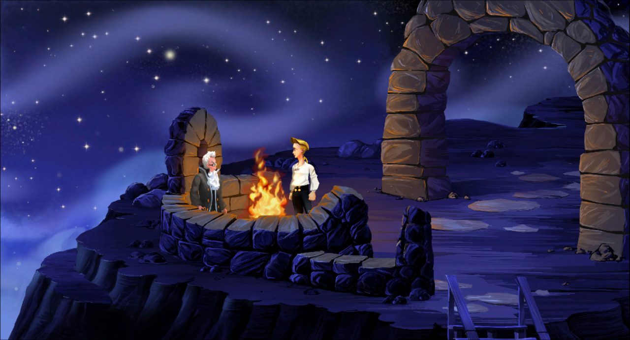 Guybrush and the watchman look out over Melee Island in the special edition of The Secret of Monkey Island.