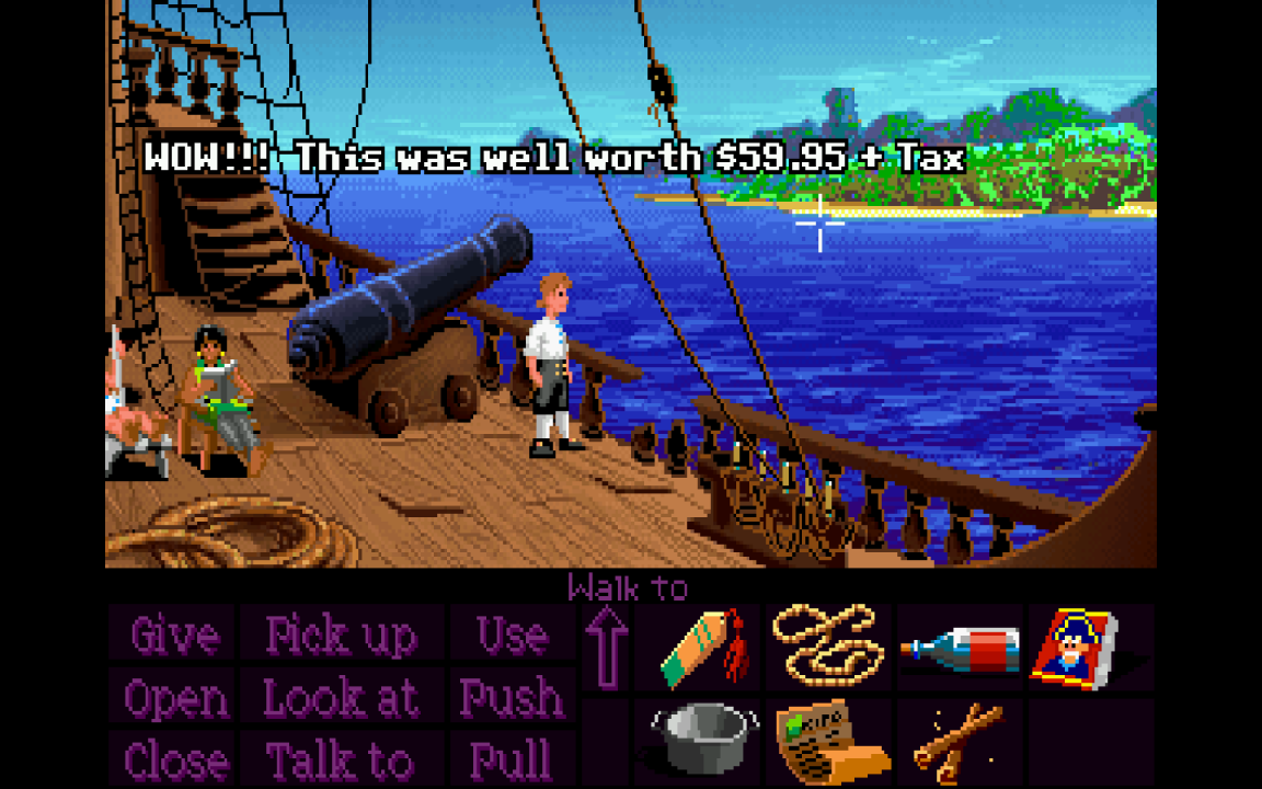 Guybrush stands on a ship deck overlooking Monkey Island in The Secret of Monkey Island.