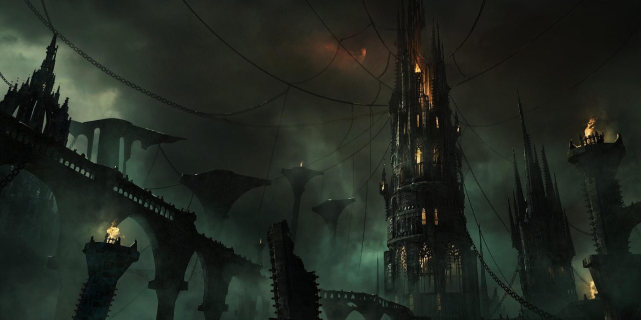 A screenshot of a dark tower in the middle of a bridge amidst green and dark clouds from the PS5 Demon's Souls remake.