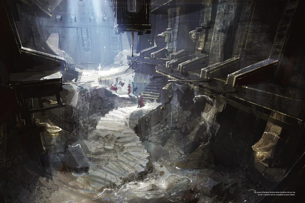 Concept art of Nevarra, a kingdom of necromancers, in Dragon Age; The Veilguard. The steps are white and the city looks ruined.