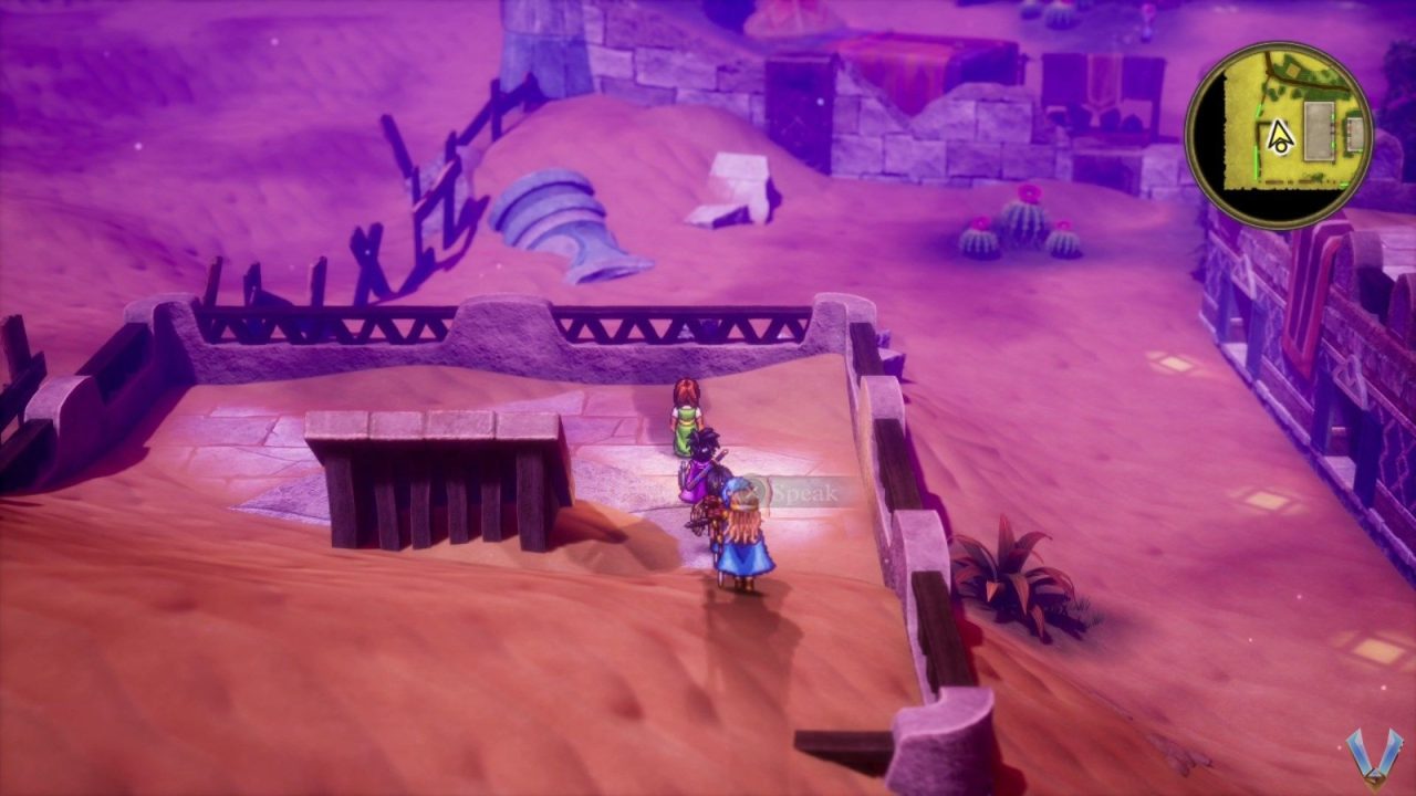 A screenshot from Dragon Quest III HD-2D Remake of Damdara, which is present in all three games. The town is ruined and covered in a thick purple miasma.